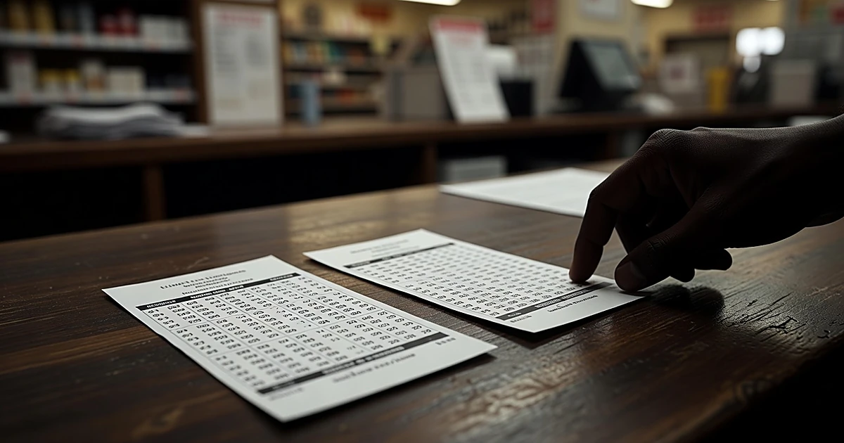 Two lottery tickets on convenience store counter with hand reaching to pick them up