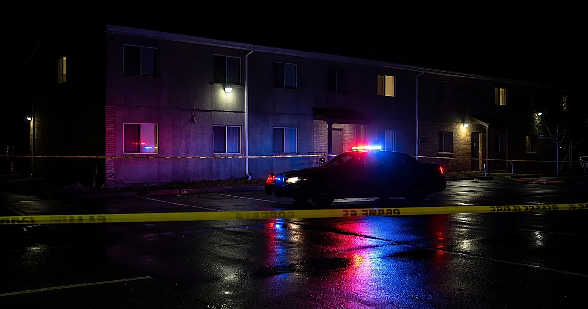 Police car with flashing lights at night outside apartment complex with crime scene tape in foreground