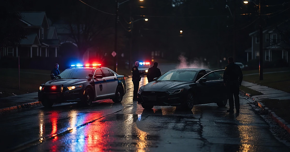 Police cruiser with flashing lights behind stopped vehicle on wet street at night