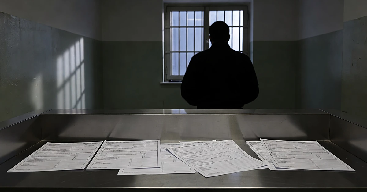 Police booking station counter with scattered forms and silhouetted figure facing barred window in background
