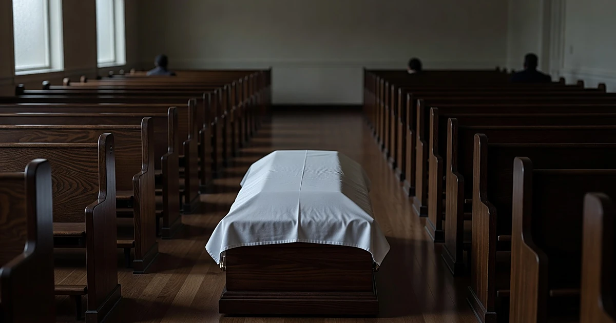 Empty funeral chapel with wooden pews and casket at front in soft natural light