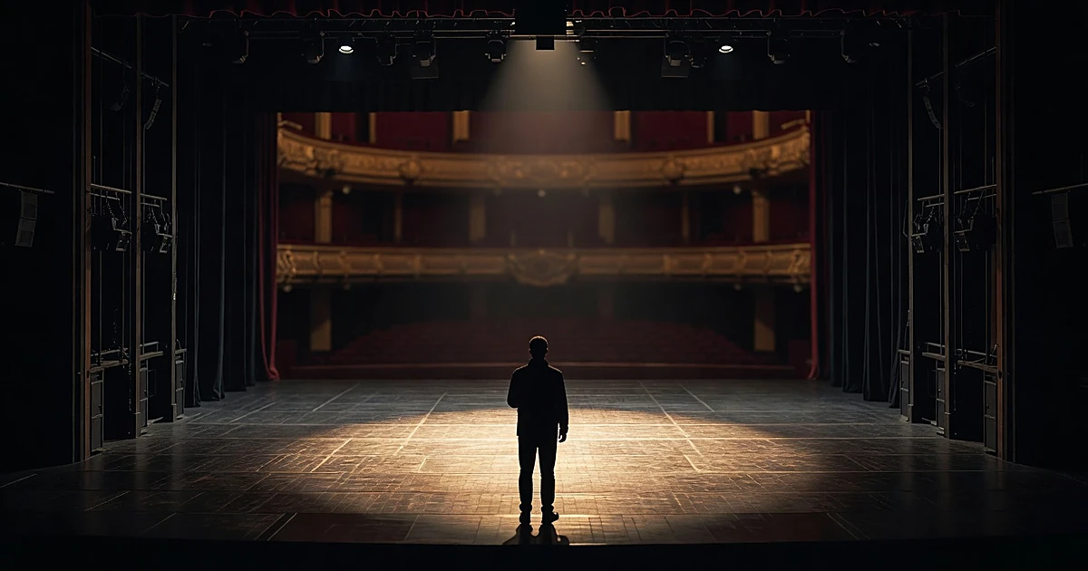Silhouetted figure stands in theater wings facing an empty Broadway stage illuminated by single spotlight