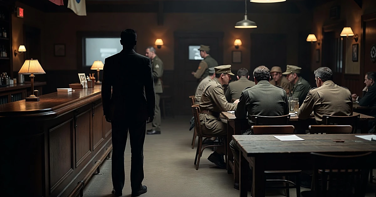 Silhouetted actors in period military uniforms on a film set bar scene with one figure standing apart from the group