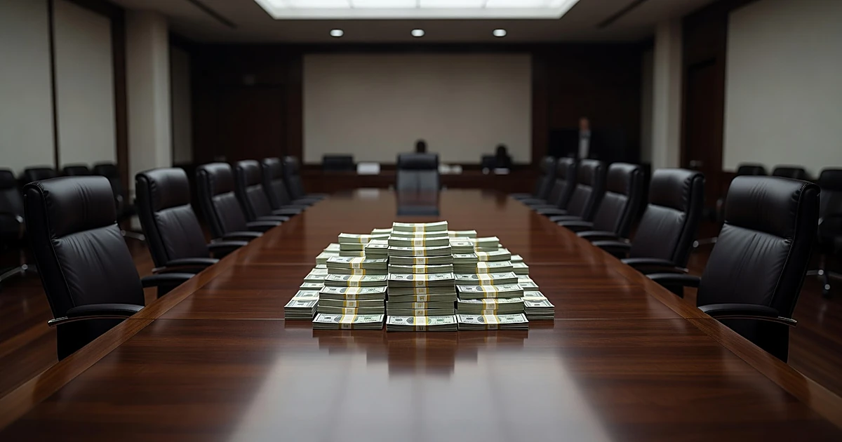 Stacks of bundled cash sitting untouched on empty boardroom table with leather chairs