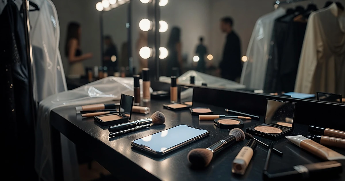 Illuminated smartphone on backstage vanity table surrounded by fashion show accessories in dim theatrical lighting