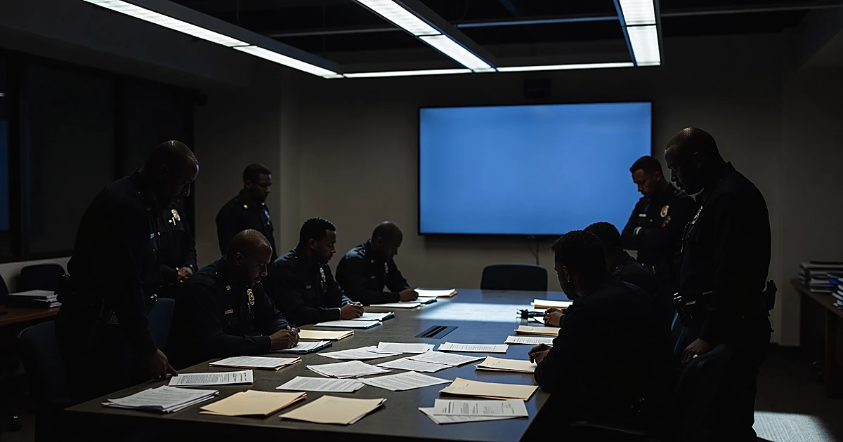 Silhouetted law enforcement officials around table in international investigation coordination room