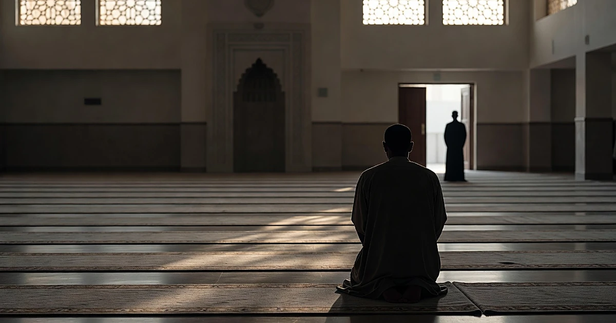 Interior of Islamic prayer hall with silhouetted figures and geometric window light patterns
