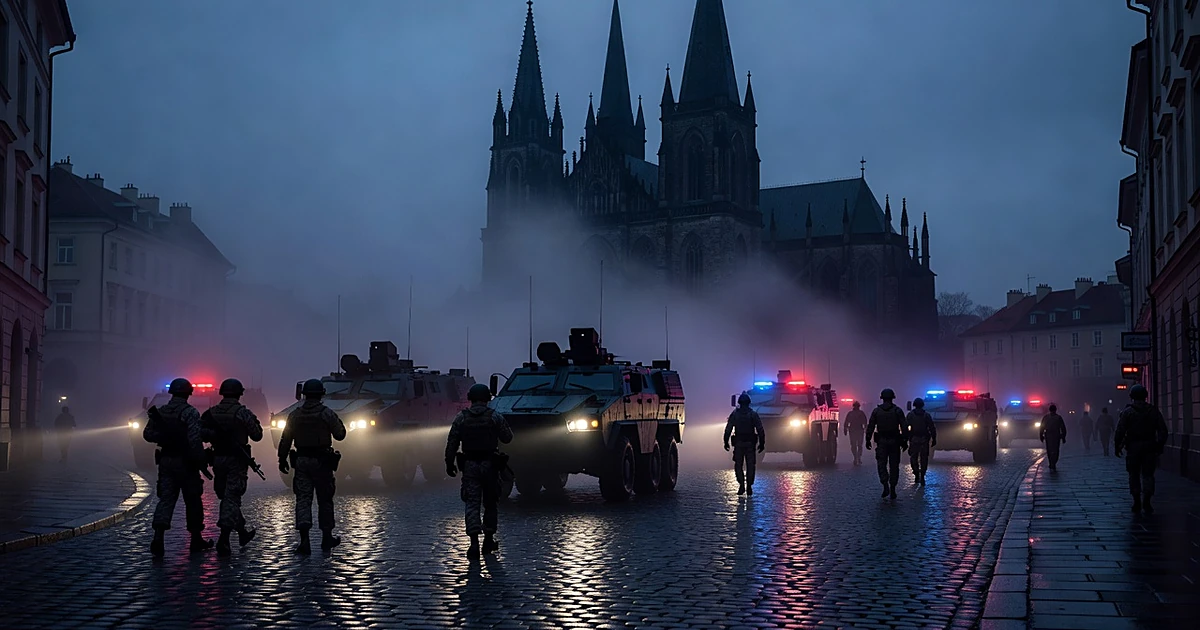 Military convoy with armored vehicles moving through rain-slicked Milan street at dusk with cathedral spires in background