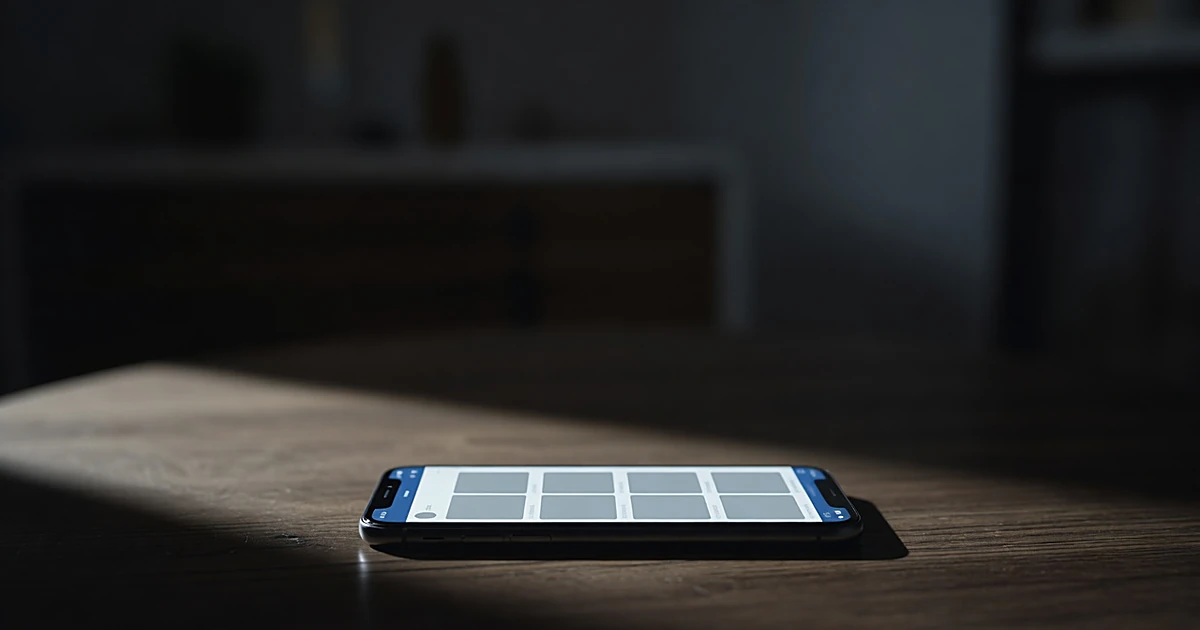 Smartphone displaying empty social media grid interface on dark surface with dramatic lighting