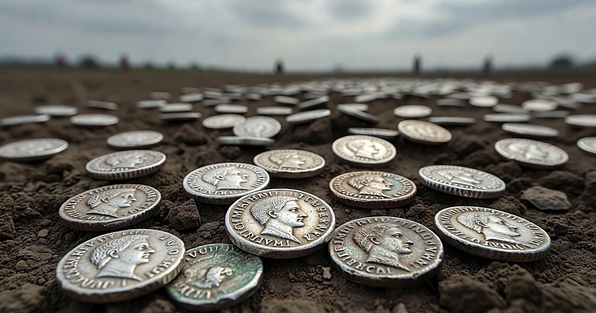 Ancient Roman silver coins partially buried in dark soil in a rural field