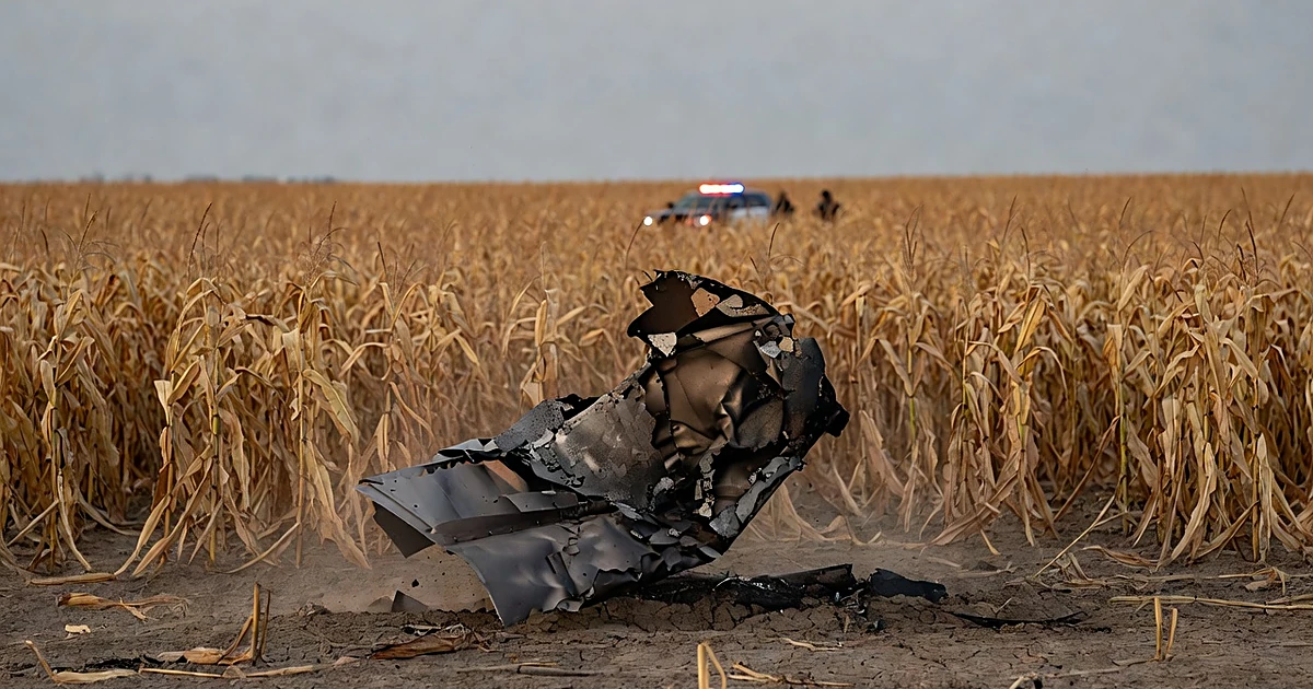 Charred metallic debris fragment lying in a rural cornfield with emergency vehicle lights in distance