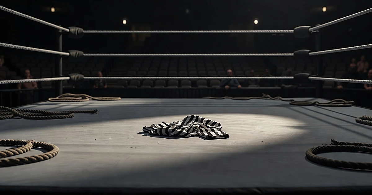 Empty wrestling ring with referee shirt on canvas under dramatic arena lighting