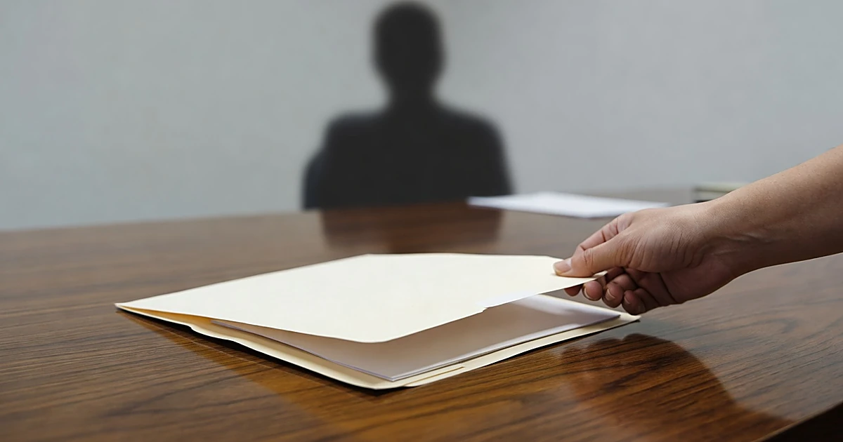 Blank legal documents being slid across a table during a family court proceeding