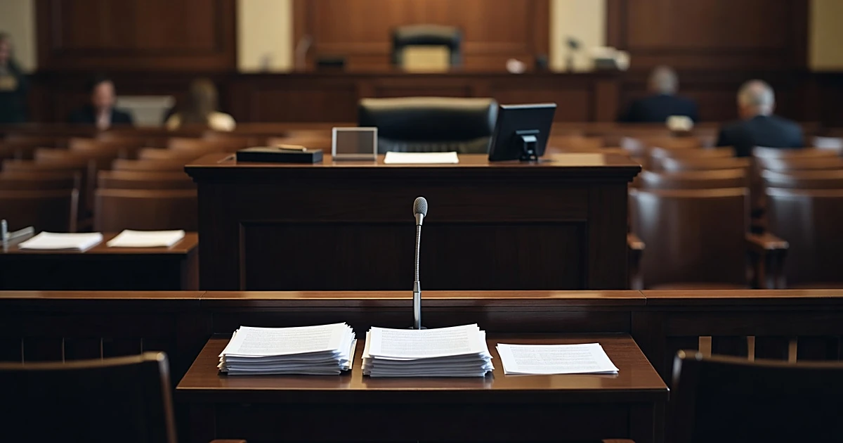 Empty federal courtroom witness stand with microphone and judge's bench in background