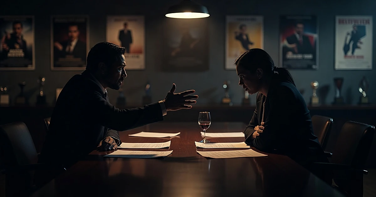 Two silhouetted figures in tense discussion across table in Hollywood casting office with script pages and wine glass