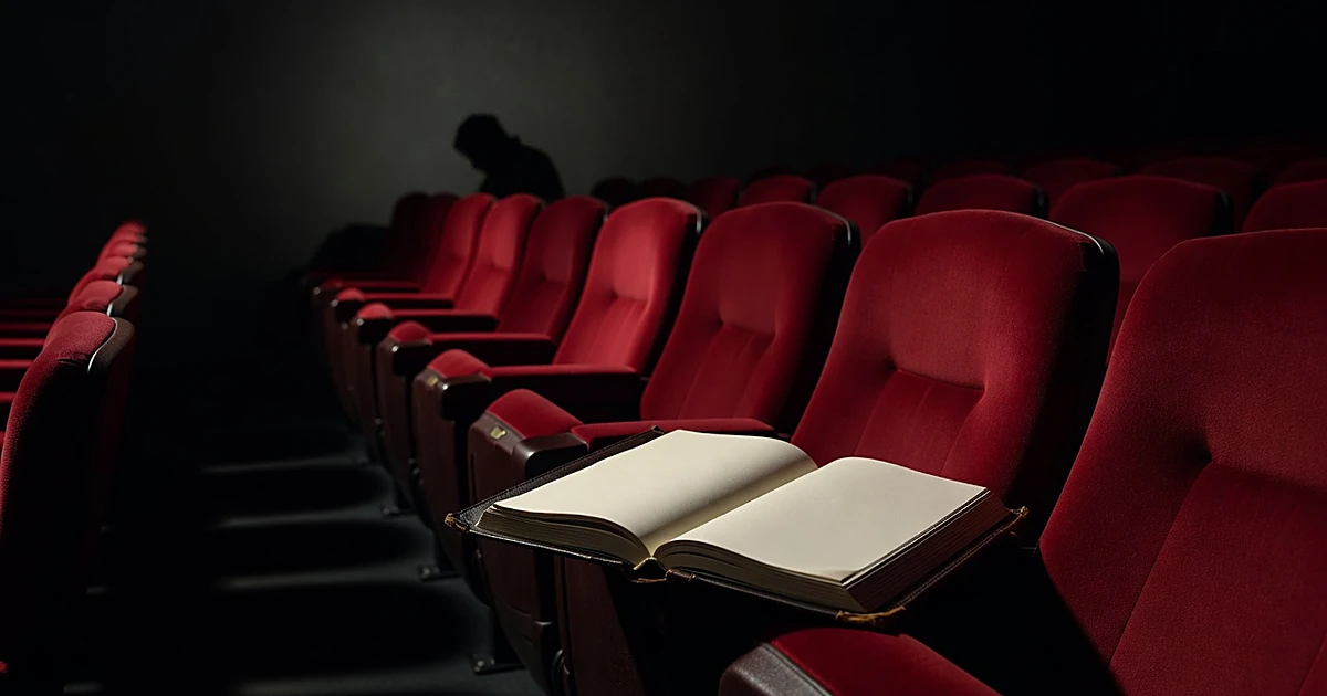 Empty Hollywood screening room with red velvet seats and manuscript on armrest in dramatic lighting