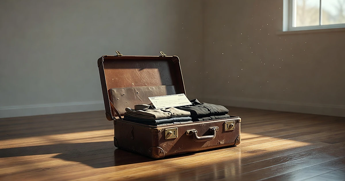 Open leather suitcase with check on clothes in sunlit empty room with hardwood floor