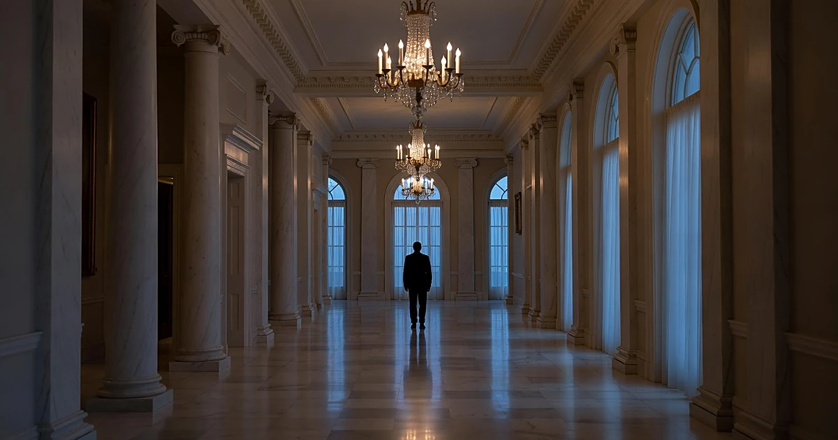 Silhouetted figure standing in elegant White House-style mansion hallway with columns and chandeliers at dusk