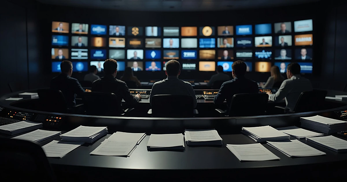 Silhouetted figures in broadcast control room facing wall of glowing television monitors with campaign materials