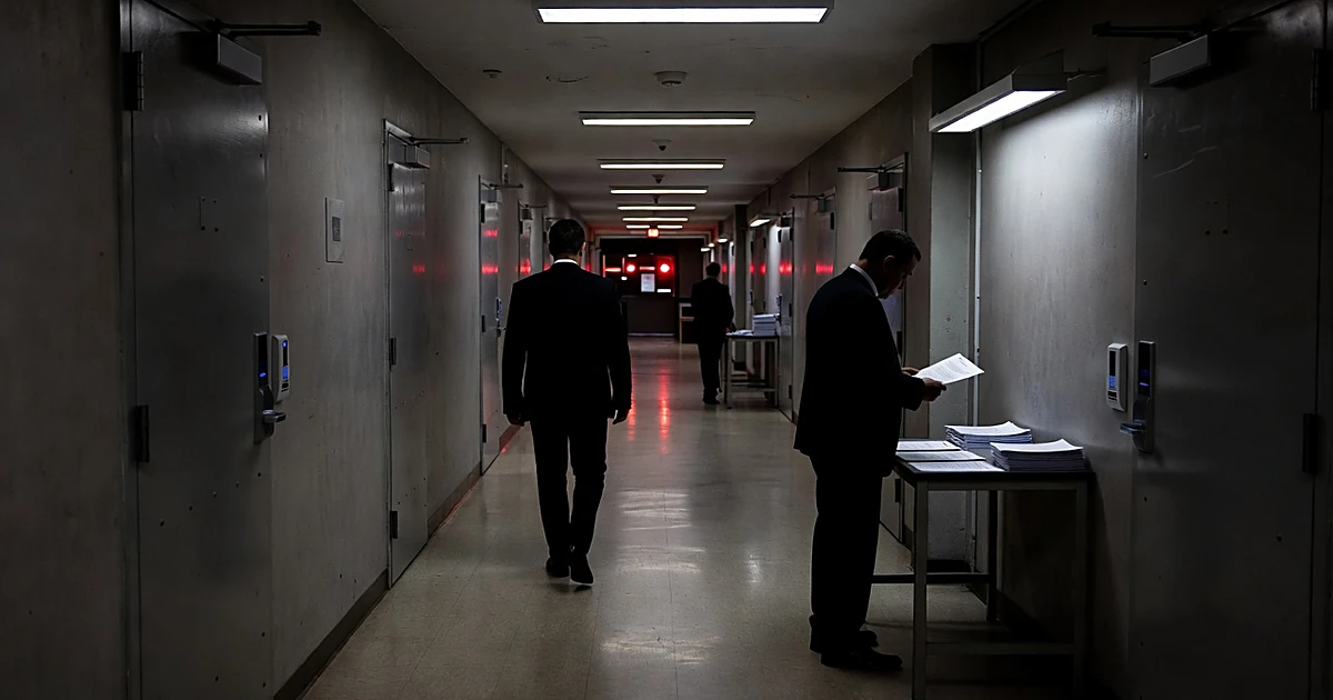 Silhouetted figures in secure federal corridor with security checkpoint and access control panels
