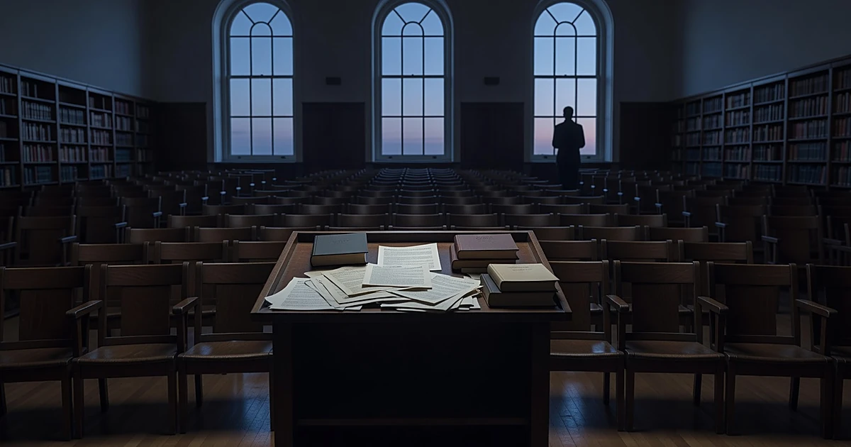 Empty university lecture hall with podium, scattered papers, and silhouetted figure near bookshelves at dusk