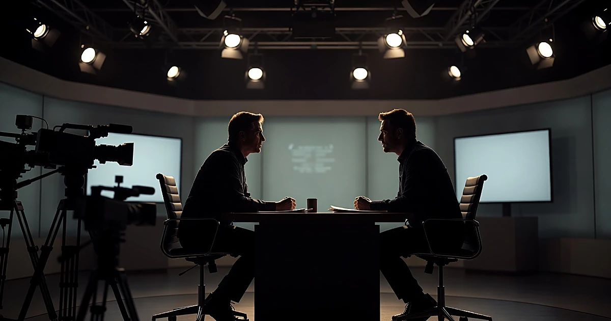 Silhouetted figures in television studio interview setup with dramatic lighting and camera equipment