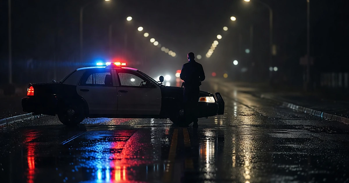 Police cruiser emergency lights flashing on wet road at night with silhouetted officer