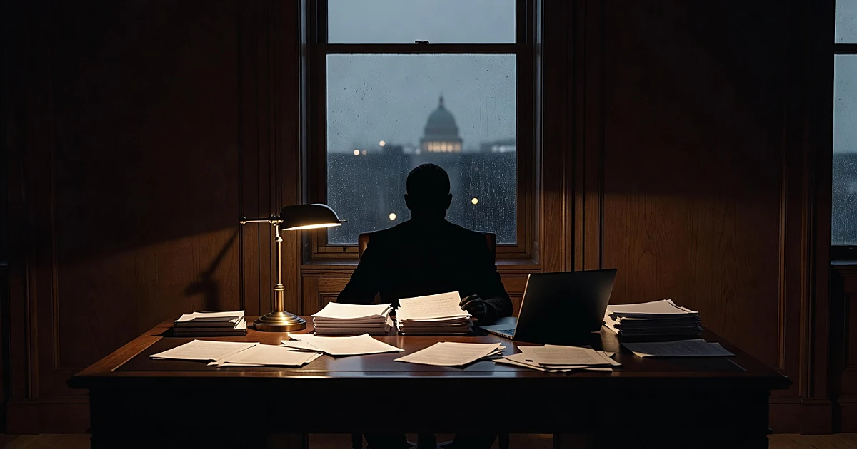 Silhouetted figure at desk reviewing documents in government office with capitol dome visible through window