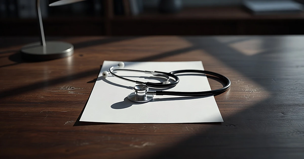 Stethoscope on blank medical license document on dark wooden desk with dramatic lighting