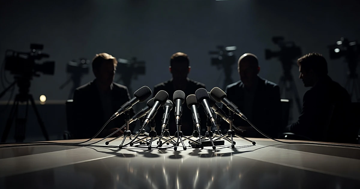 Television studio desk with multiple microphones and silhouetted journalists in dramatic lighting