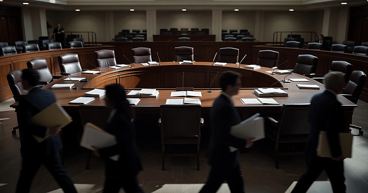 Empty Senate committee hearing room with scattered papers and silhouetted staffers in motion