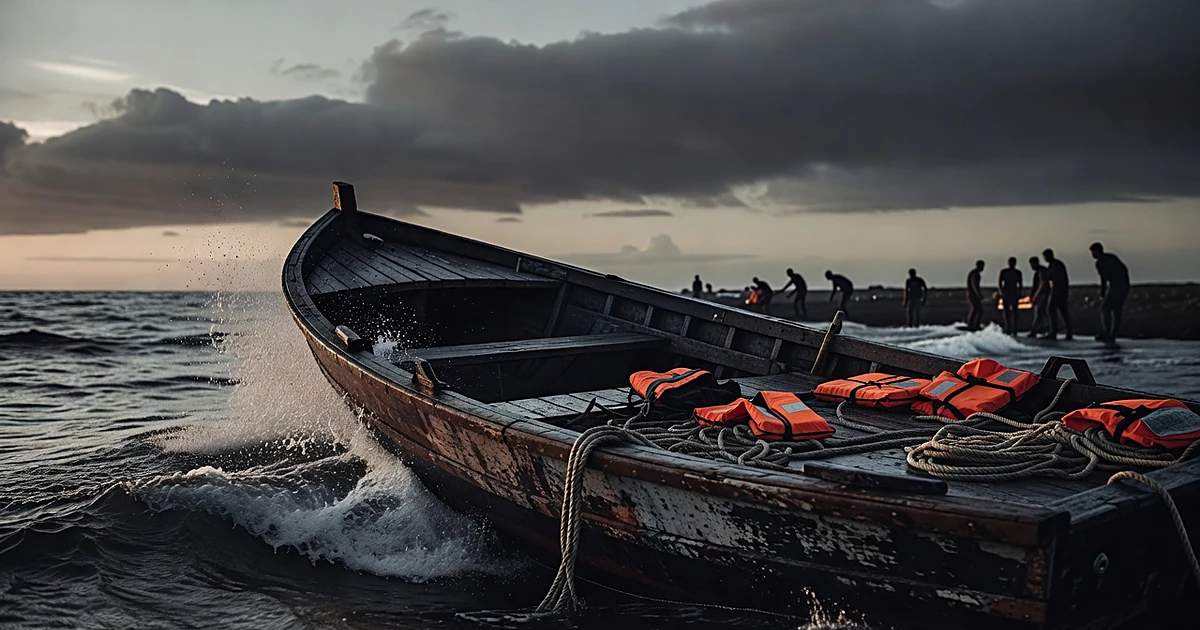 Fishing boat in rough waters at dusk with rescue equipment on deck and distant rescue workers on shore