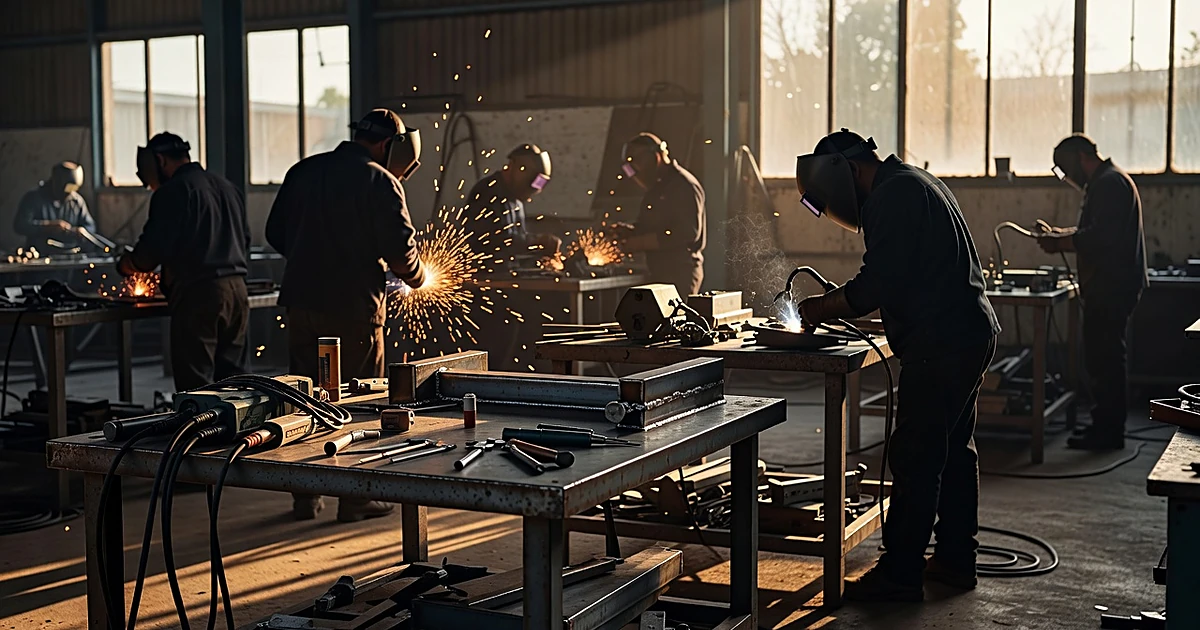 Workshop with welding equipment and tools on workbench, silhouetted workers at stations in industrial facility