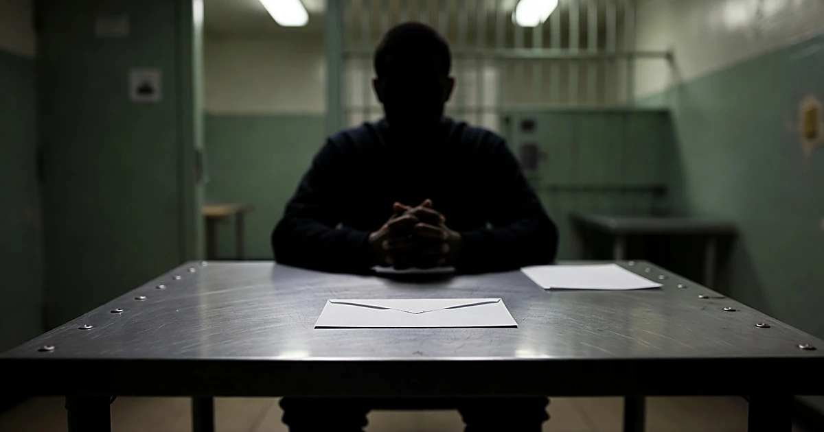 Prison visitation room with envelope on metal table and silhouetted figure seated behind bars