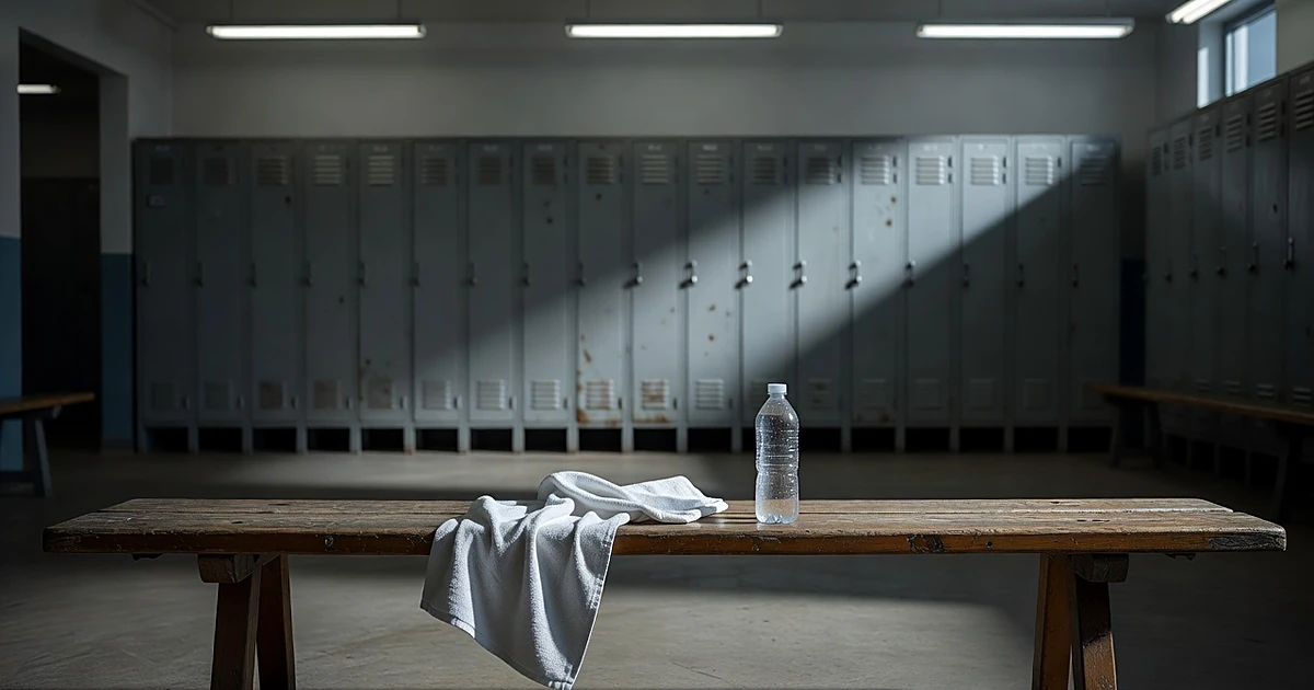Empty boxing locker room with towel on bench and metal lockers under fluorescent lights