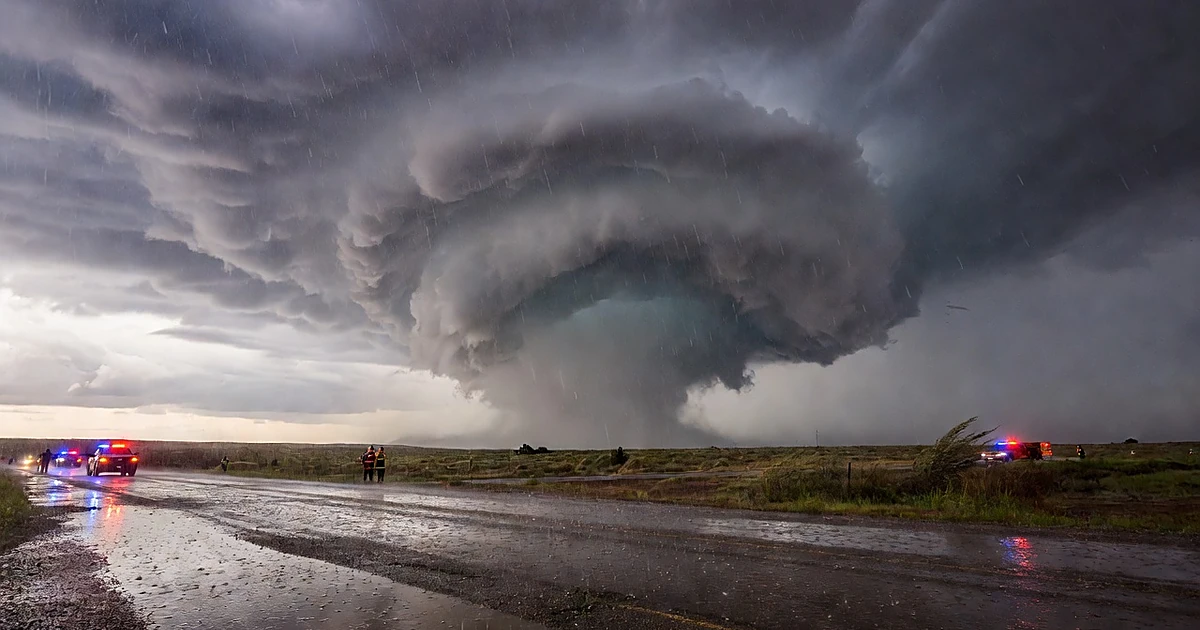 Dark storm clouds over desert landscape with emergency vehicle lights reflecting on wet road during severe weather
