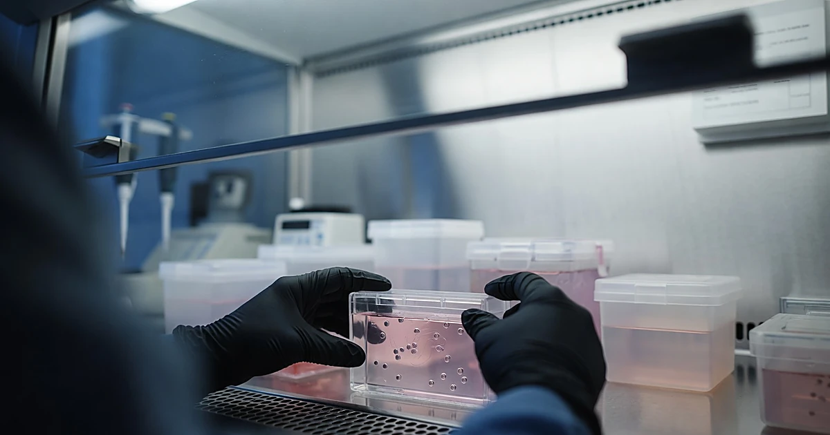 Laboratory hands in silhouette handling sealed biocontainer modules with tissue cultures in sterile workspace