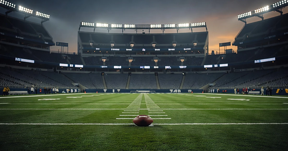 Empty NFL stadium at dusk with football on 20-yard line, dramatic lighting through atmospheric haze