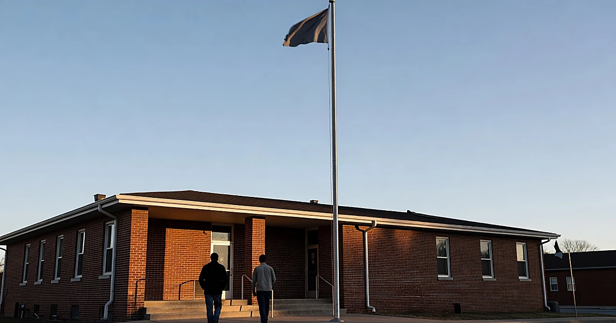 Empty flagpole outside small-town municipal building at golden hour with silhouettes walking away