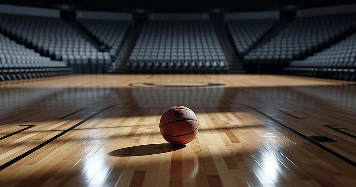 WNBA basketball on empty professional arena court with stadium seating blurred in background
