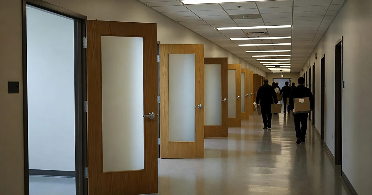 Empty government office corridor with multiple open doors and silhouetted figures departing in distance