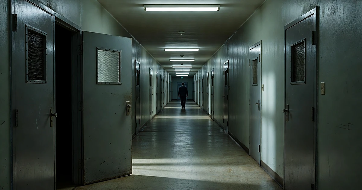 Empty psychiatric hospital corridor with steel doors and institutional lighting from mid-20th century facility