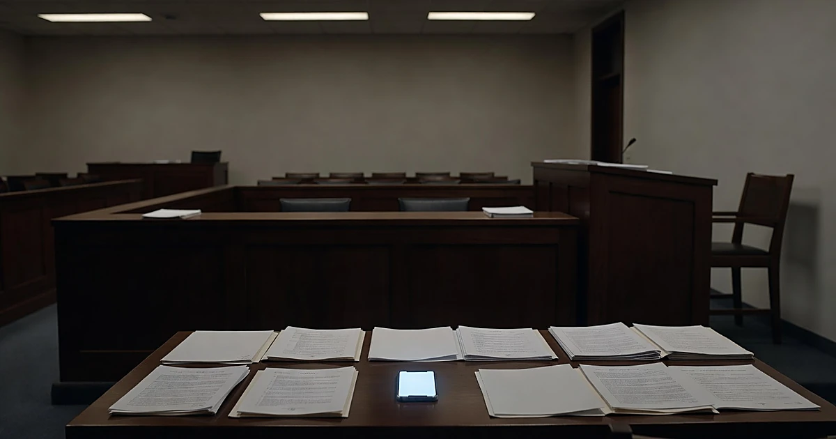 Empty courtroom with smartphone on defense table and judge's bench in background