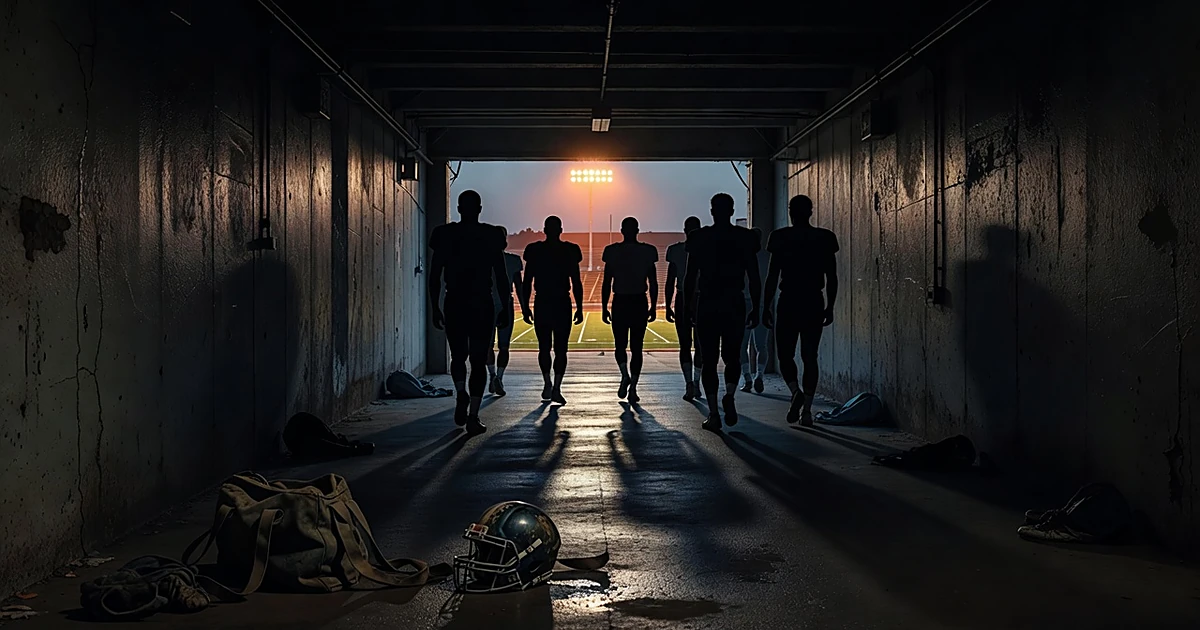 Empty football stadium tunnel with silhouetted figures walking toward distant field lights at dusk