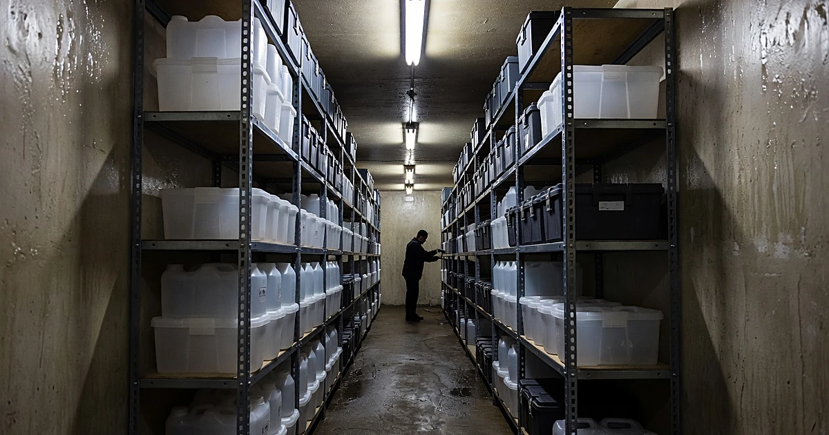 Underground bunker corridor with metal shelving stacked with emergency supplies and water containers