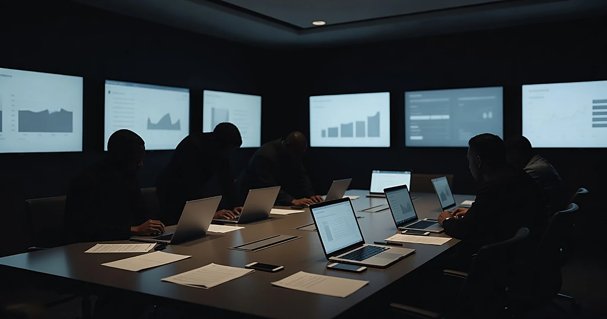 Campaign war room at night with silhouetted figures around table covered in documents and glowing devices