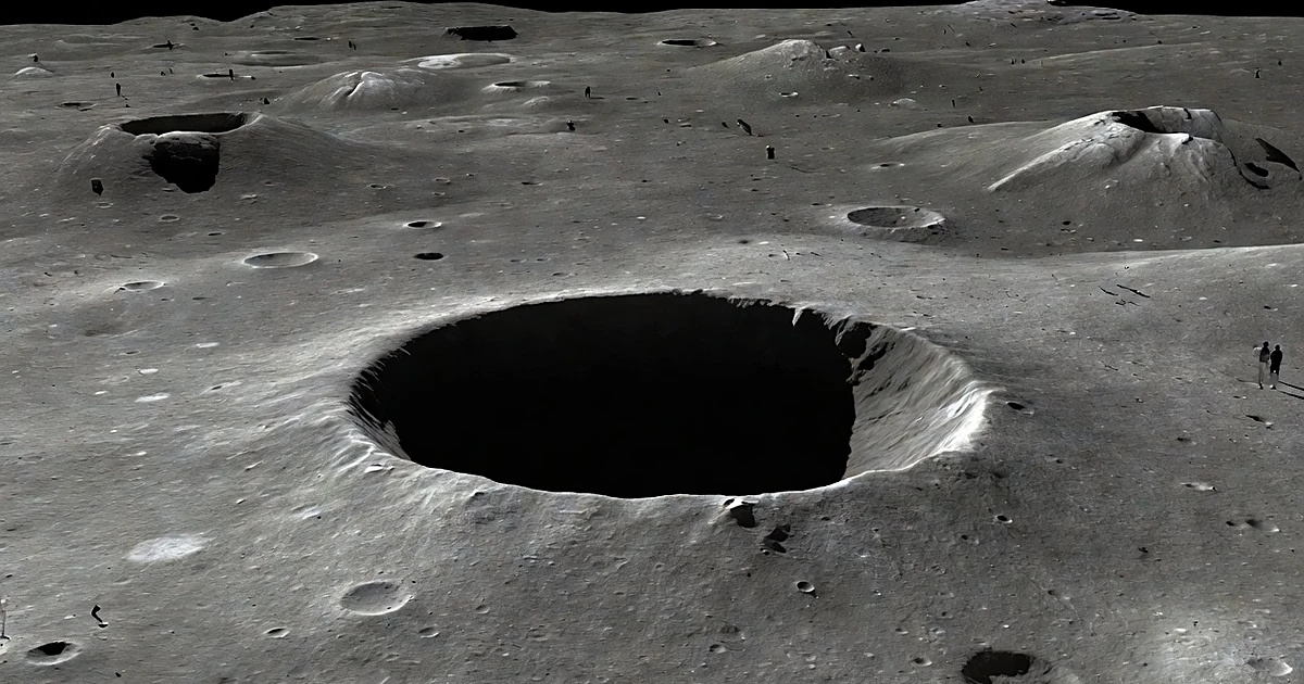 Large circular pit opening on lunar surface with deep shadows, surrounded by gray moonscape and distant hills