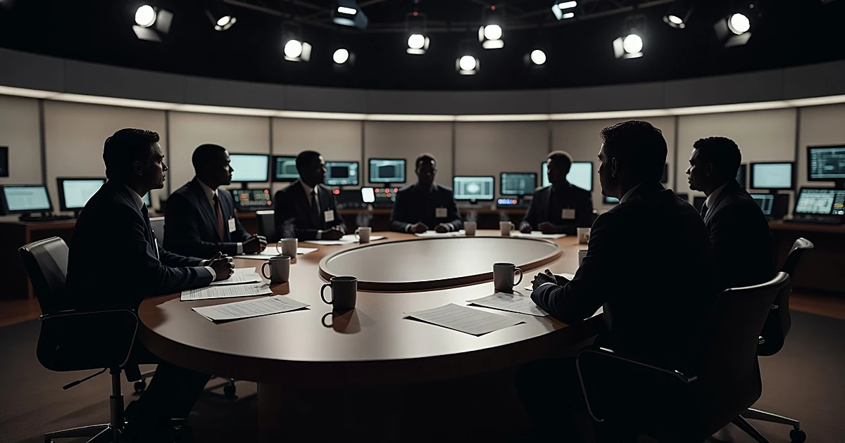 Silhouetted figures seated at curved television studio desk under bright broadcast lighting with production equipment