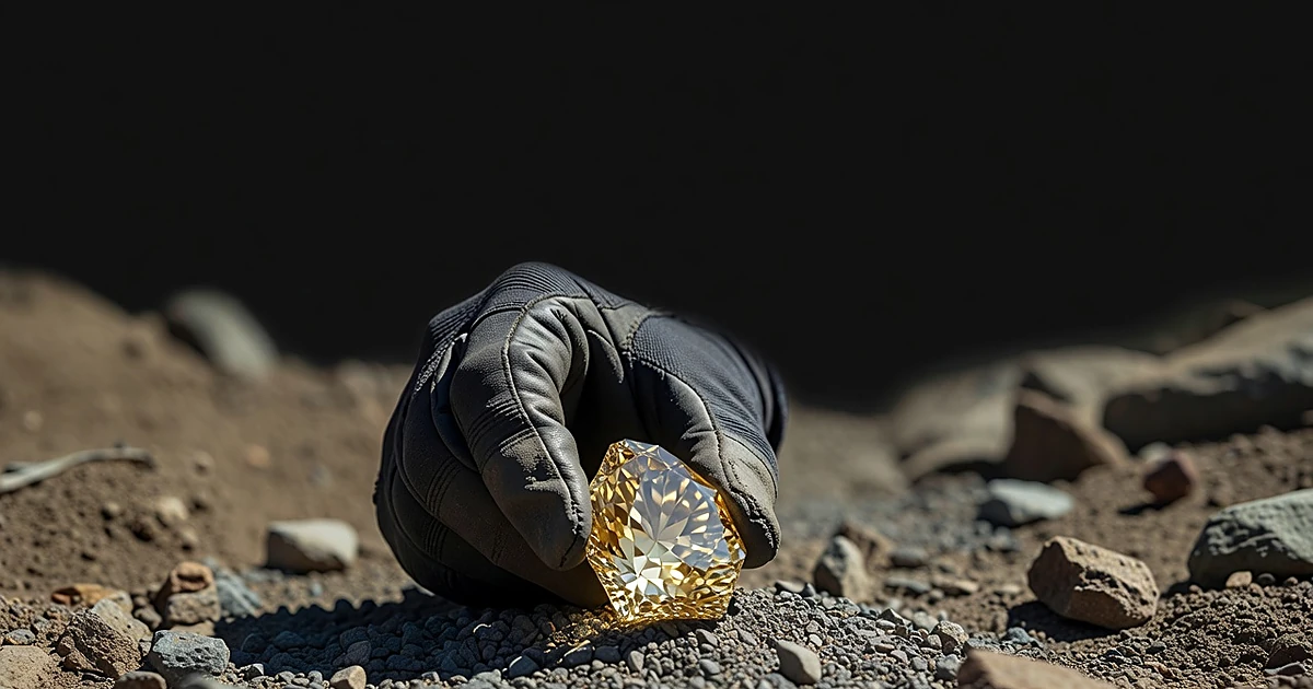 Gloved hand holding raw yellow diamond against dark gravel in natural sunlight