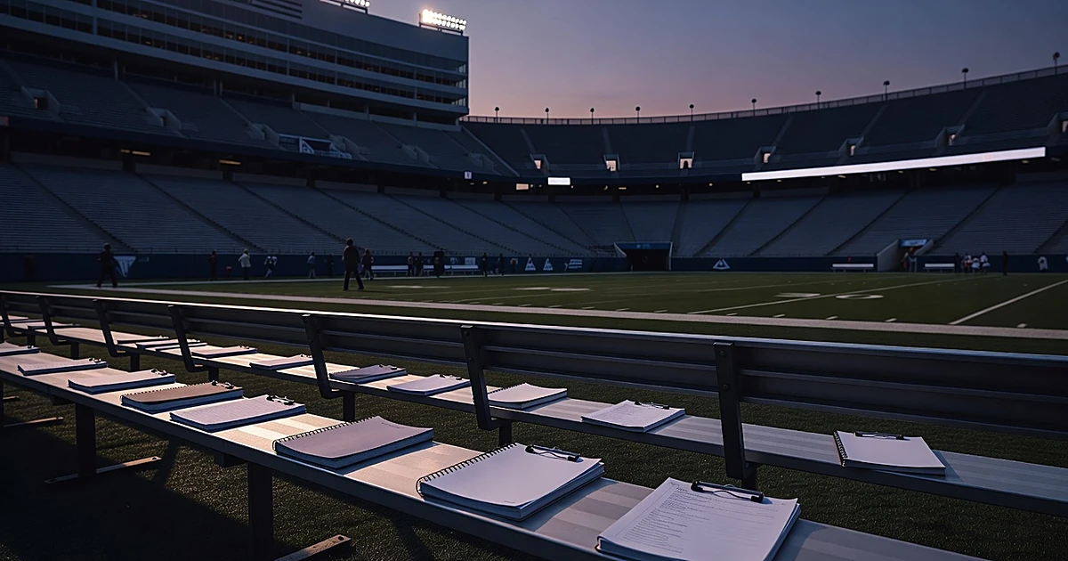 Empty college football stadium sideline with abandoned coaching materials at dusk